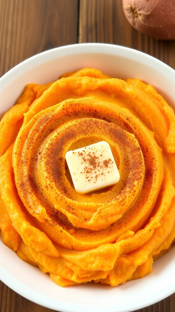 Creamy mashed sweet potatoes in a white bowl with cinnamon and butter, on a rustic wooden table.